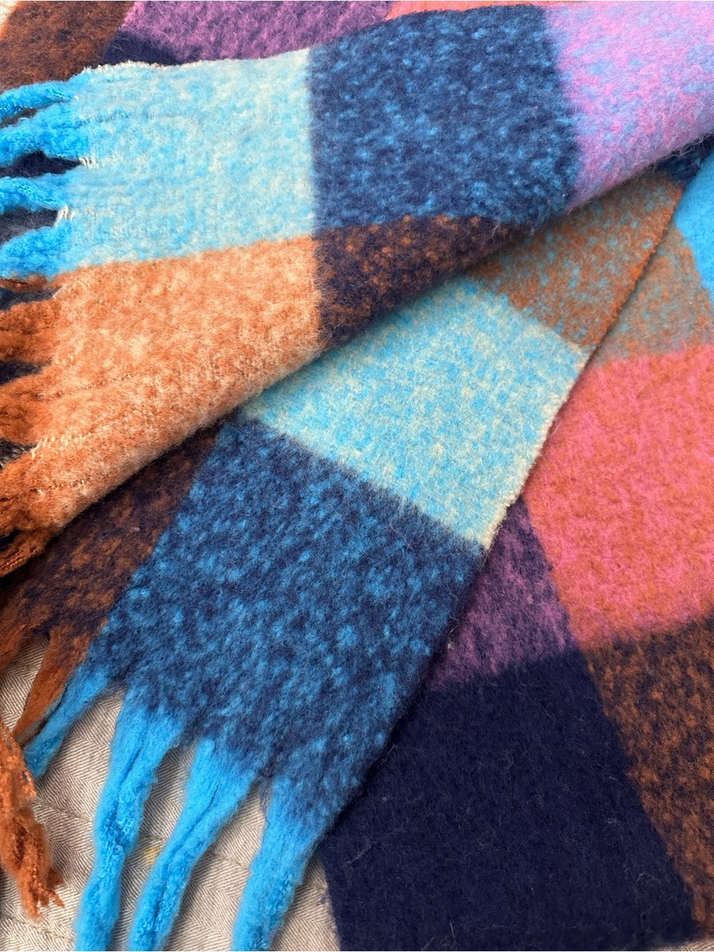 River Island Colorblock Check Fringe Scarf in Blue, Orange, Pink, Purple